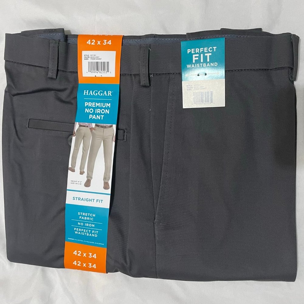 Haggar Men’s Premium Non Iron stretch perfect fit waistband Pant, Gray, 42 x 34